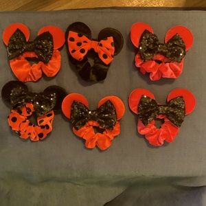 Hair accessories. Hair scrunches with decorations and bows.